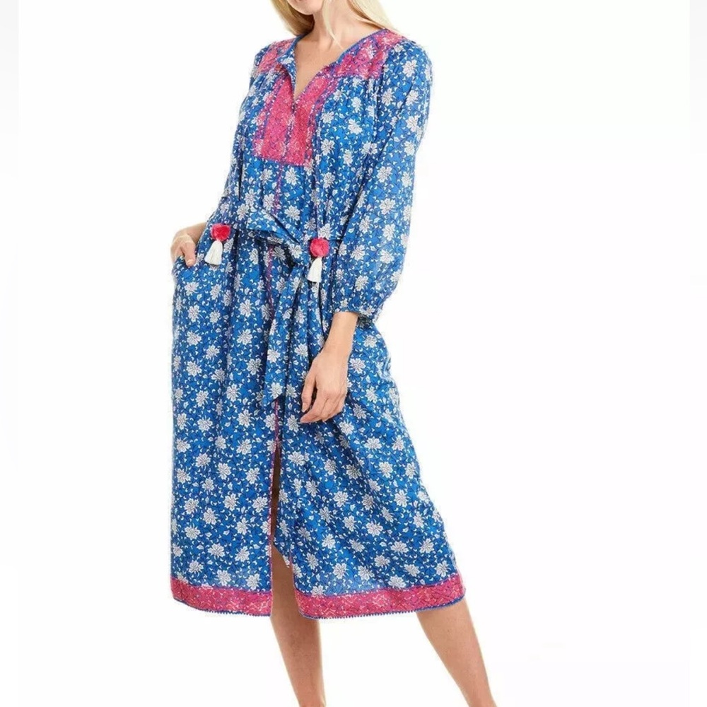J. Crew Night Sky Block Print Blue Pink Embroidered Midi Dress Boho Caftan